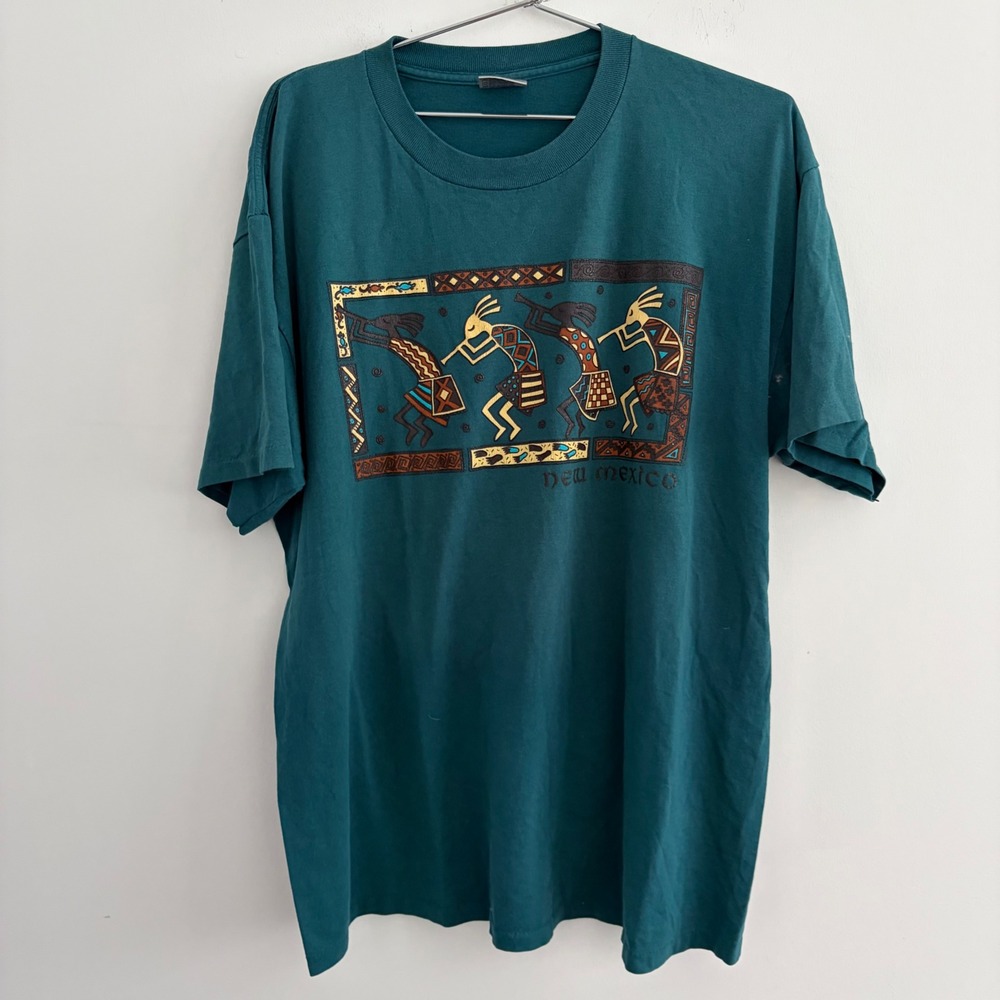 Vintage Oneita Power T New Mexico Kokopelli Graphic Tee Green Large